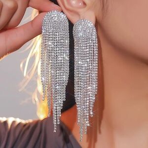 Chic Rhinestone Long Tassel Earrings‎ Statement Sparkling Dangle Party